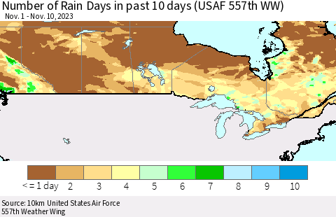 Canada Number of Rain Days in past 10 days (USAF 557th WW) Thematic Map For 11/6/2023 - 11/10/2023