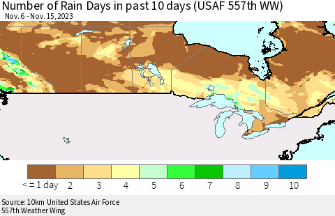 Canada Number of Rain Days in past 10 days (USAF 557th WW) Thematic Map For 11/11/2023 - 11/15/2023
