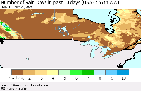 Canada Number of Rain Days in past 10 days (USAF 557th WW) Thematic Map For 11/16/2023 - 11/20/2023