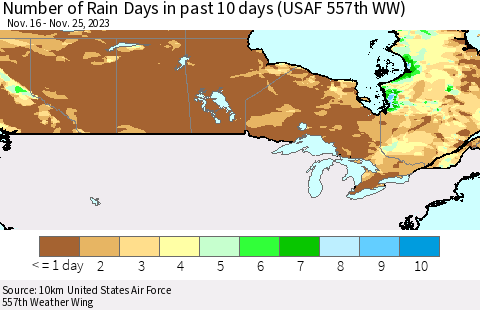 Canada Number of Rain Days in past 10 days (USAF 557th WW) Thematic Map For 11/21/2023 - 11/25/2023