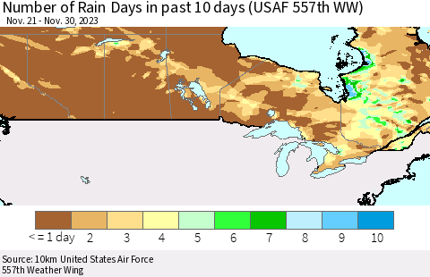 Canada Number of Rain Days in past 10 days (USAF 557th WW) Thematic Map For 11/26/2023 - 11/30/2023