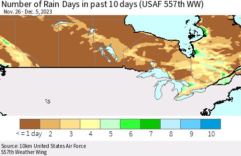 Canada Number of Rain Days in past 10 days (USAF 557th WW) Thematic Map For 12/1/2023 - 12/5/2023