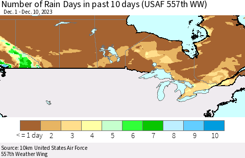 Canada Number of Rain Days in past 10 days (USAF 557th WW) Thematic Map For 12/6/2023 - 12/10/2023