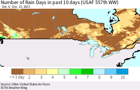 Canada Number of Rain Days in past 10 days (USAF 557th WW) Thematic Map For 12/11/2023 - 12/15/2023