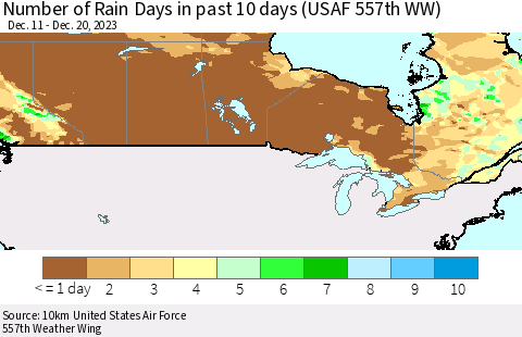 Canada Number of Rain Days in past 10 days (USAF 557th WW) Thematic Map For 12/16/2023 - 12/20/2023