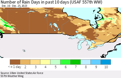 Canada Number of Rain Days in past 10 days (USAF 557th WW) Thematic Map For 12/21/2023 - 12/25/2023