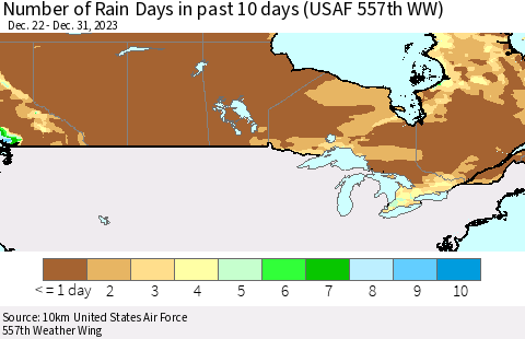 Canada Number of Rain Days in past 10 days (USAF 557th WW) Thematic Map For 12/26/2023 - 12/31/2023