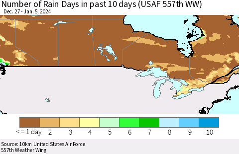 Canada Number of Rain Days in past 10 days (USAF 557th WW) Thematic Map For 1/1/2024 - 1/5/2024