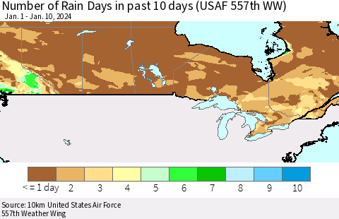 Canada Number of Rain Days in past 10 days (USAF 557th WW) Thematic Map For 1/6/2024 - 1/10/2024