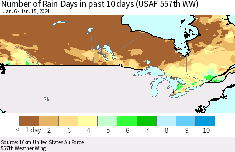 Canada Number of Rain Days in past 10 days (USAF 557th WW) Thematic Map For 1/11/2024 - 1/15/2024