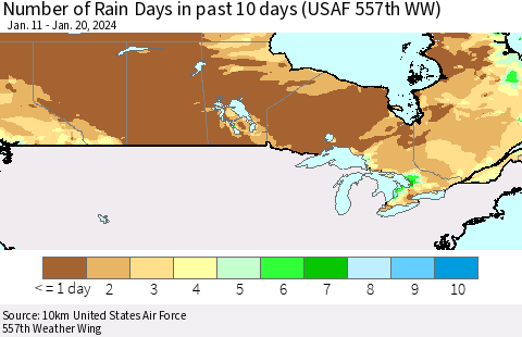 Canada Number of Rain Days in past 10 days (USAF 557th WW) Thematic Map For 1/16/2024 - 1/20/2024