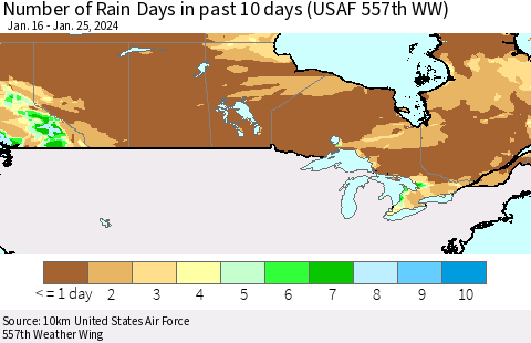 Canada Number of Rain Days in past 10 days (USAF 557th WW) Thematic Map For 1/21/2024 - 1/25/2024