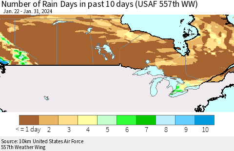 Canada Number of Rain Days in past 10 days (USAF 557th WW) Thematic Map For 1/26/2024 - 1/31/2024