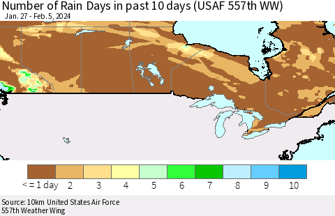 Canada Number of Rain Days in past 10 days (USAF 557th WW) Thematic Map For 2/1/2024 - 2/5/2024