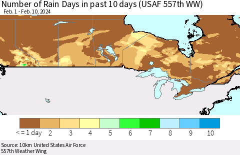 Canada Number of Rain Days in past 10 days (USAF 557th WW) Thematic Map For 2/6/2024 - 2/10/2024