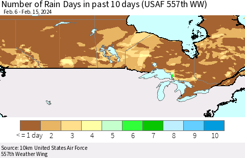 Canada Number of Rain Days in past 10 days (USAF 557th WW) Thematic Map For 2/11/2024 - 2/15/2024