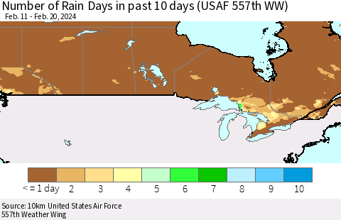 Canada Number of Rain Days in past 10 days (USAF 557th WW) Thematic Map For 2/16/2024 - 2/20/2024