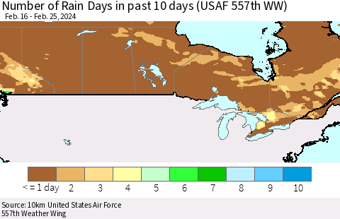 Canada Number of Rain Days in past 10 days (USAF 557th WW) Thematic Map For 2/21/2024 - 2/25/2024
