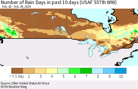 Canada Number of Rain Days in past 10 days (USAF 557th WW) Thematic Map For 2/26/2024 - 2/29/2024
