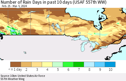 Canada Number of Rain Days in past 10 days (USAF 557th WW) Thematic Map For 3/1/2024 - 3/5/2024