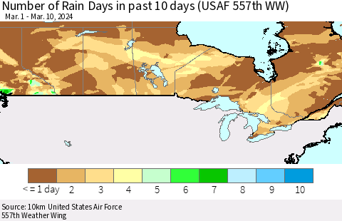 Canada Number of Rain Days in past 10 days (USAF 557th WW) Thematic Map For 3/6/2024 - 3/10/2024