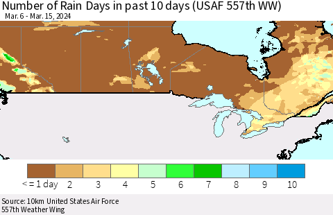 Canada Number of Rain Days in past 10 days (USAF 557th WW) Thematic Map For 3/11/2024 - 3/15/2024