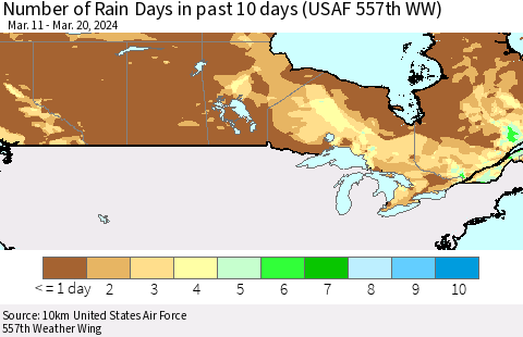 Canada Number of Rain Days in past 10 days (USAF 557th WW) Thematic Map For 3/16/2024 - 3/20/2024
