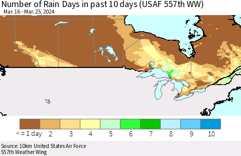 Canada Number of Rain Days in past 10 days (USAF 557th WW) Thematic Map For 3/21/2024 - 3/25/2024