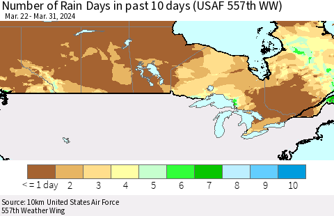 Canada Number of Rain Days in past 10 days (USAF 557th WW) Thematic Map For 3/26/2024 - 3/31/2024
