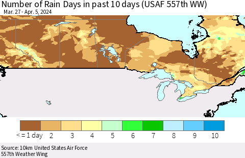 Canada Number of Rain Days in past 10 days (USAF 557th WW) Thematic Map For 4/1/2024 - 4/5/2024