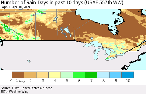 Canada Number of Rain Days in past 10 days (USAF 557th WW) Thematic Map For 4/6/2024 - 4/10/2024