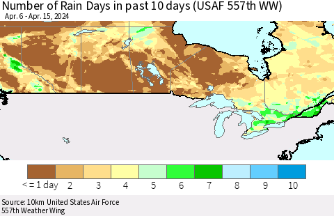 Canada Number of Rain Days in past 10 days (USAF 557th WW) Thematic Map For 4/11/2024 - 4/15/2024