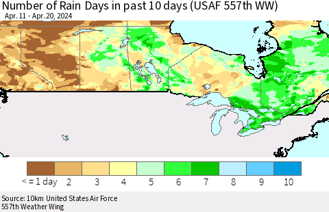 Canada Number of Rain Days in past 10 days (USAF 557th WW) Thematic Map For 4/16/2024 - 4/20/2024