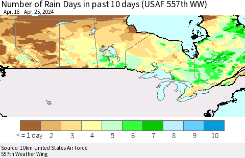 Canada Number of Rain Days in past 10 days (USAF 557th WW) Thematic Map For 4/21/2024 - 4/25/2024