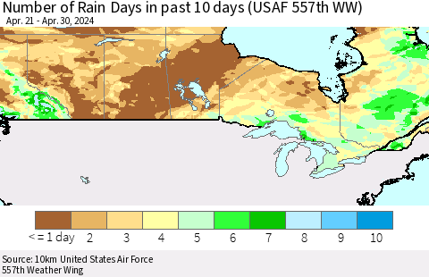 Canada Number of Rain Days in past 10 days (USAF 557th WW) Thematic Map For 4/26/2024 - 4/30/2024