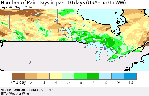 Canada Number of Rain Days in past 10 days (USAF 557th WW) Thematic Map For 5/1/2024 - 5/5/2024