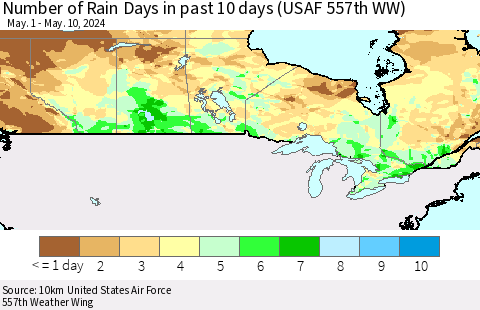 Canada Number of Rain Days in past 10 days (USAF 557th WW) Thematic Map For 5/6/2024 - 5/10/2024