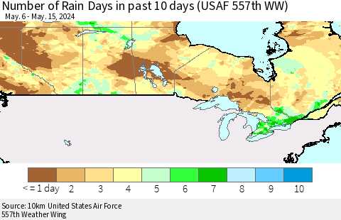Canada Number of Rain Days in past 10 days (USAF 557th WW) Thematic Map For 5/11/2024 - 5/15/2024