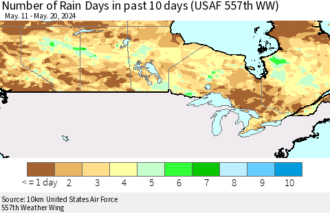 Canada Number of Rain Days in past 10 days (USAF 557th WW) Thematic Map For 5/16/2024 - 5/20/2024