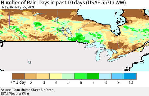 Canada Number of Rain Days in past 10 days (USAF 557th WW) Thematic Map For 5/21/2024 - 5/25/2024