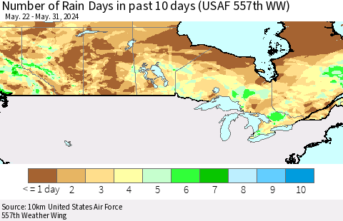 Canada Number of Rain Days in past 10 days (USAF 557th WW) Thematic Map For 5/26/2024 - 5/31/2024