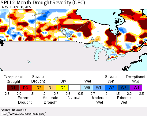Canada SPI 12-Month Drought Severity (CPC) Thematic Map For 5/1/2021 - 4/30/2022
