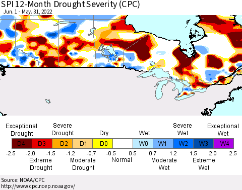 Canada SPI 12-Month Drought Severity (CPC) Thematic Map For 6/1/2021 - 5/31/2022