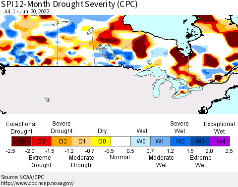 Canada SPI 12-Month Drought Severity (CPC) Thematic Map For 7/1/2021 - 6/30/2022
