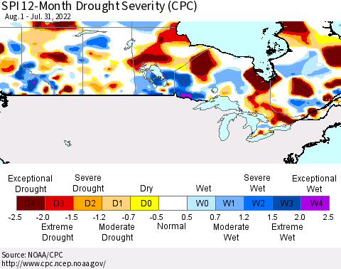 Canada SPI 12-Month Drought Severity (CPC) Thematic Map For 8/1/2021 - 7/31/2022
