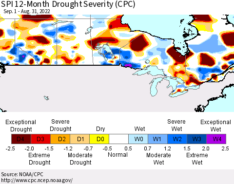 Canada SPI 12-Month Drought Severity (CPC) Thematic Map For 9/1/2021 - 8/31/2022
