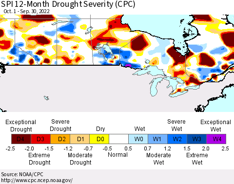 Canada SPI 12-Month Drought Severity (CPC) Thematic Map For 10/1/2021 - 9/30/2022