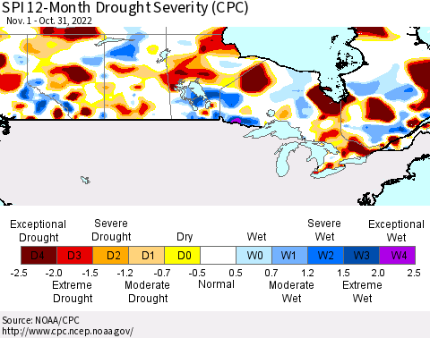 Canada SPI 12-Month Drought Severity (CPC) Thematic Map For 11/1/2021 - 10/31/2022