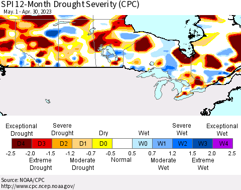 Canada SPI 12-Month Drought Severity (CPC) Thematic Map For 5/1/2022 - 4/30/2023