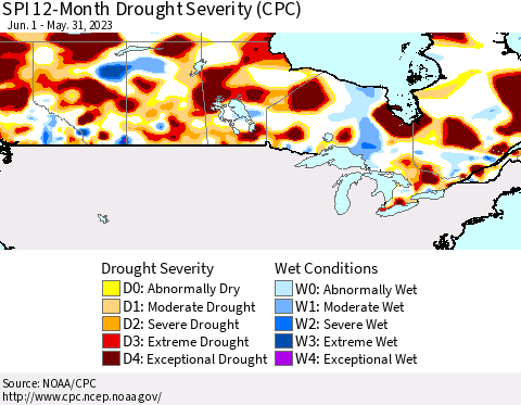 Canada SPI 12-Month Drought Severity (CPC) Thematic Map For 6/1/2022 - 5/31/2023